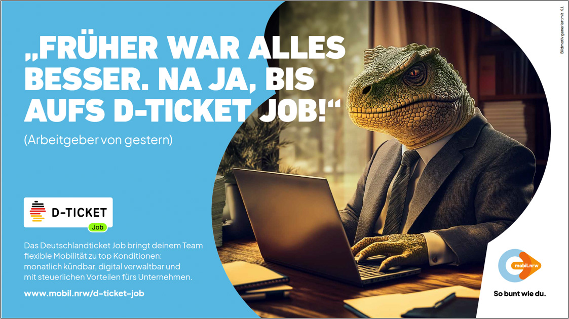 Werbemotiv zum Deutschlandticket Job mit einem Mann am Laptop und dem Slogan „Früher war alles besser. Na ja, bis aufs D-Ticket Job“.