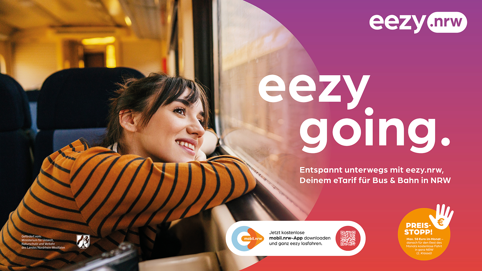 Werbemotiv von eezy.nrw mit einer jungen Frau in einem öffentlichen Verkehrsmittel und dem Schriftzug „eezy going.“.