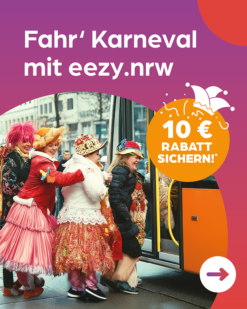 Zwei kostümierte Personen feiern Karneval. Darüber steht der Schriftzug „Fahr’ Karneval mit eezy.nrw“, daneben ein orangefarbener Kreis mit der Aufschrift „10 € Rabatt sichern!“.