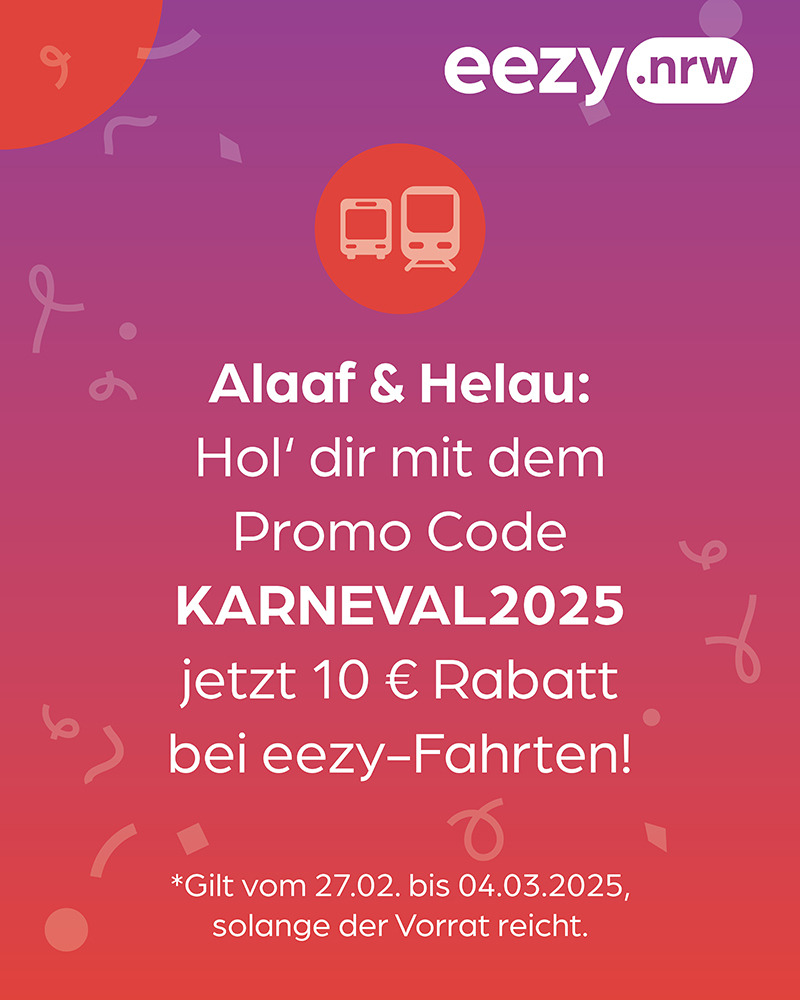 Grafisches eezy.nrw-Karnevalsmotiv mit dem Hinweis „Alaaf & Helau: Hol’ dir mit dem Promo Code KARNEVAL2025 jetzt 10 € Rabatt bei eezy-Fahrten!“.