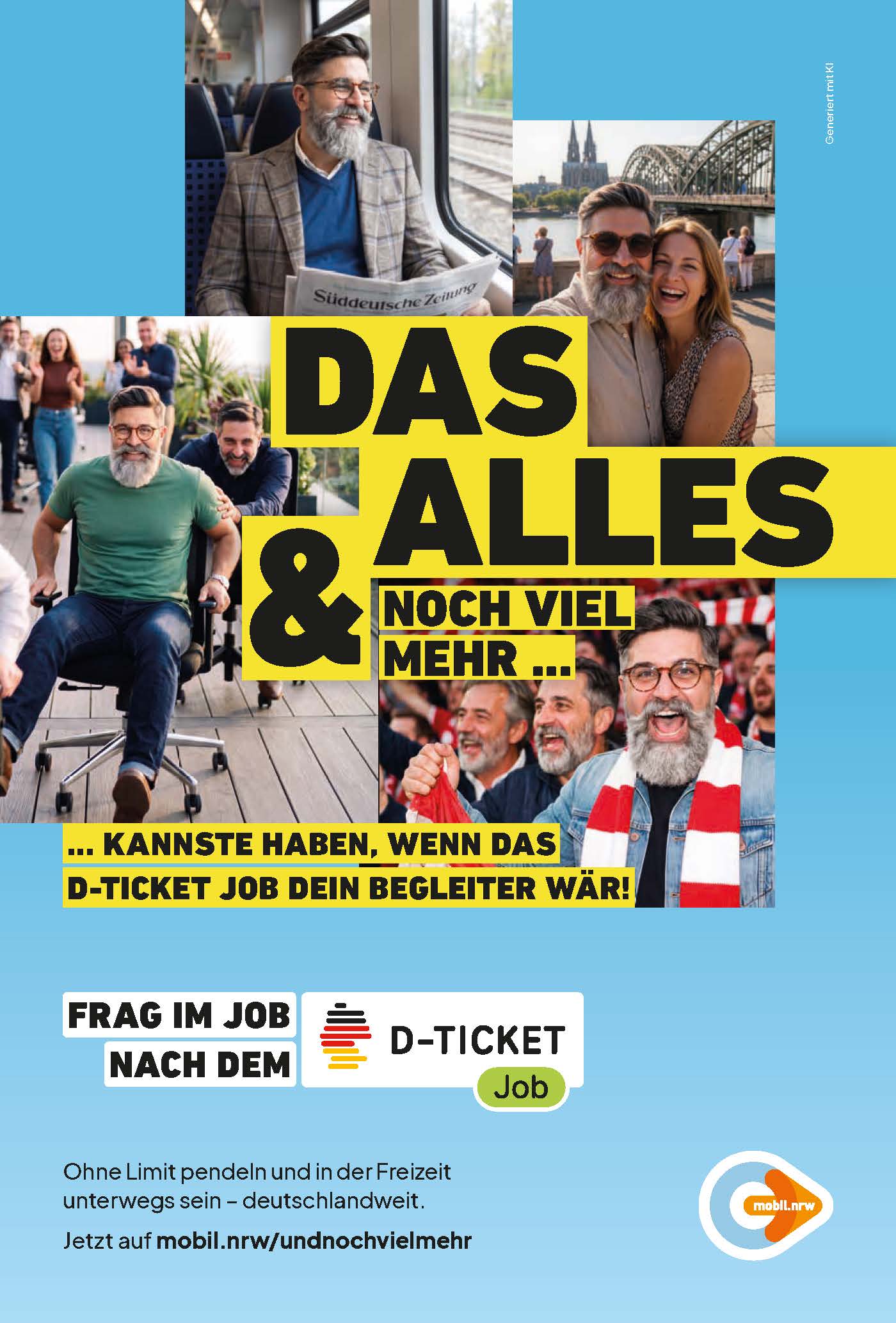 Blaues Kampagnenmotiv zum Deutschlandticket Job mit verschiedenen Freizeit- und Alltagsszenen und dem Slogan „Das alles & noch viel mehr … kannst du haben, wenn das D-Ticket Job dein Begleiter wär!“