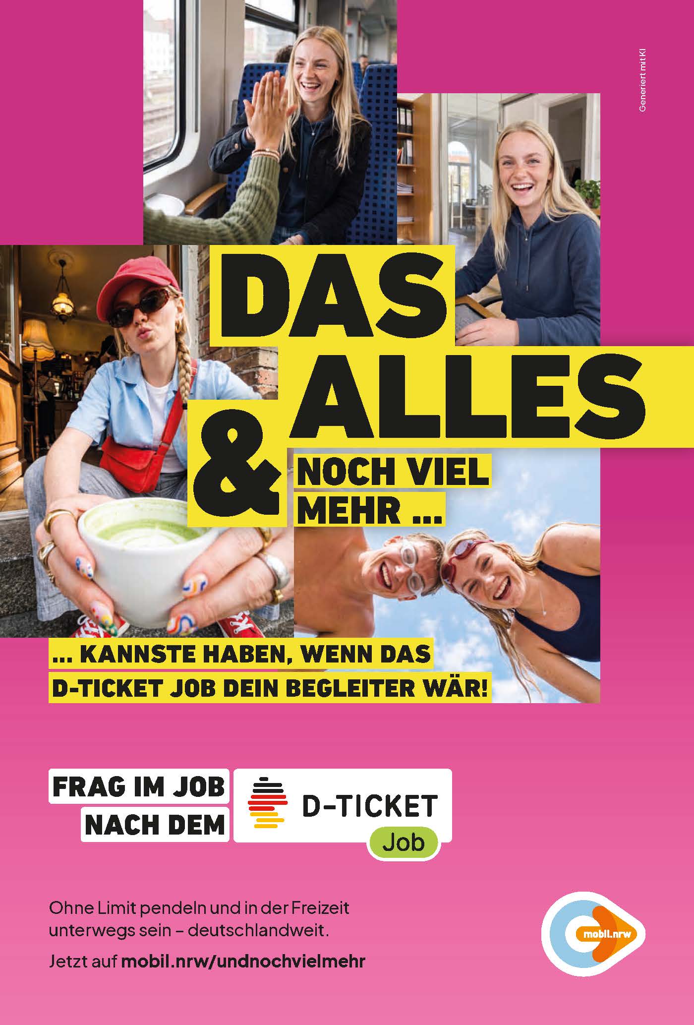 Pinke Variante der Deutschlandticket-Job-Kampagne mit verschiedenen Freizeit- und Alltagsszenen und dem Slogan „Das alles & noch viel mehr … kannst du haben, wenn das D-Ticket Job dein Begleiter wär!“