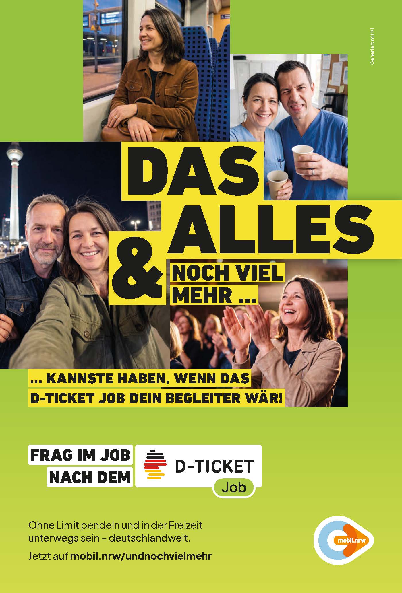 Grüne Variante der Deutschlandticket-Job-Kampagne mit verschiedenen Freizeit- und Alltagsszenen und dem Slogan „Das alles & noch viel mehr … kannst du haben, wenn das D-Ticket Job dein Begleiter wär!“