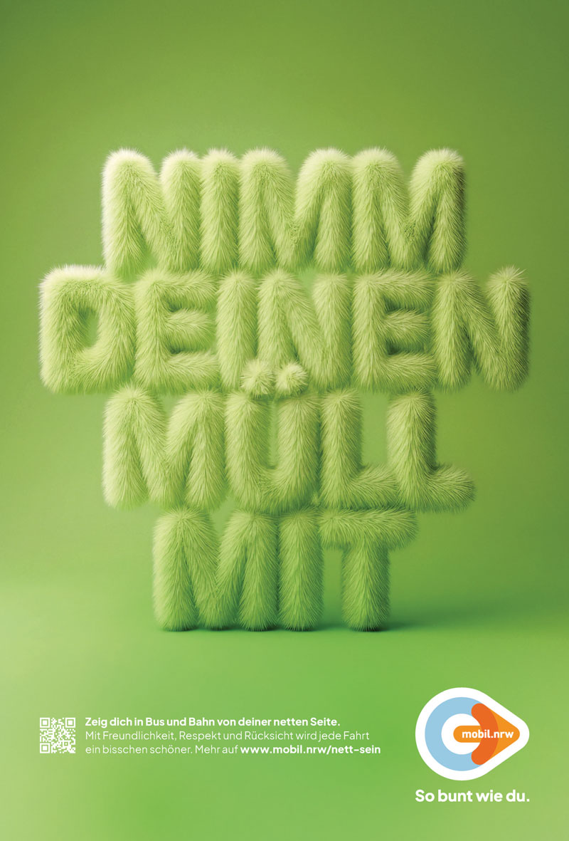 Grünes Motiv der mobil.nrw-Etikette-Kampagne mit dem Schriftzug „Nimm deinen Müll mit“ in großen, flauschig wirkenden Buchstaben. Das Motiv wirbt dafür, Abfälle im ÖPNV nicht zurückzulassen.
