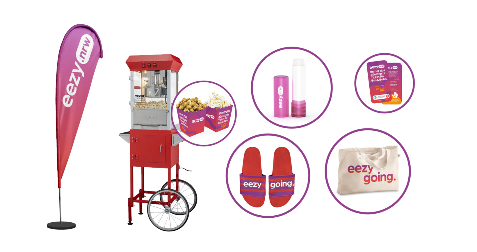 Aktionsmaterialien von eezy.nrw mit Popcornstand, Popcorntüten, Lippenpflege, Badelatschen und Stofftasche.