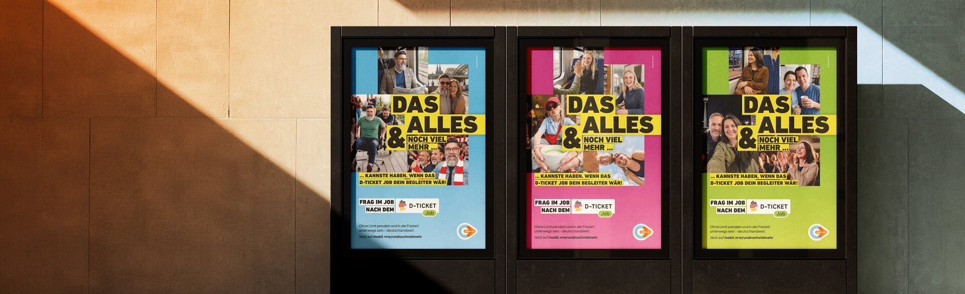 Drei Plakatmotive der Deutschlandticket-Job-Kampagne mit verschiedenen Alltagsszenen und dem Slogan ‚Das alles & noch viel mehr … kannst du haben, wenn das D-Ticket Job dein Begleiter wär!‘