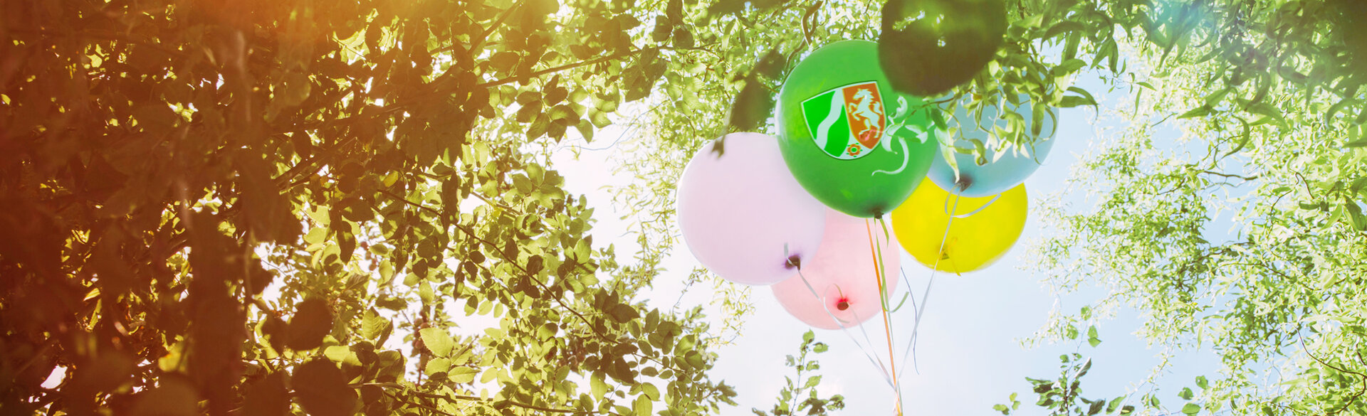 Bunte Luftballons zwischen grünen Baumkronen, darunter ein grüner Ballon mit dem NRW-Wappen.