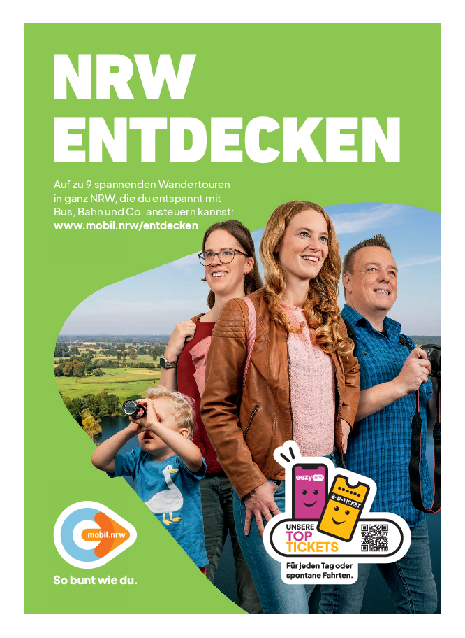 Grünes Kampagnenmotiv mit der Aufschrift „NRW entdecken“. Drei Personen stehen vor einer Landschaftskulisse; im unteren Bereich sind Symbole für verschiedene Freizeitaktivitäten abgebildet.