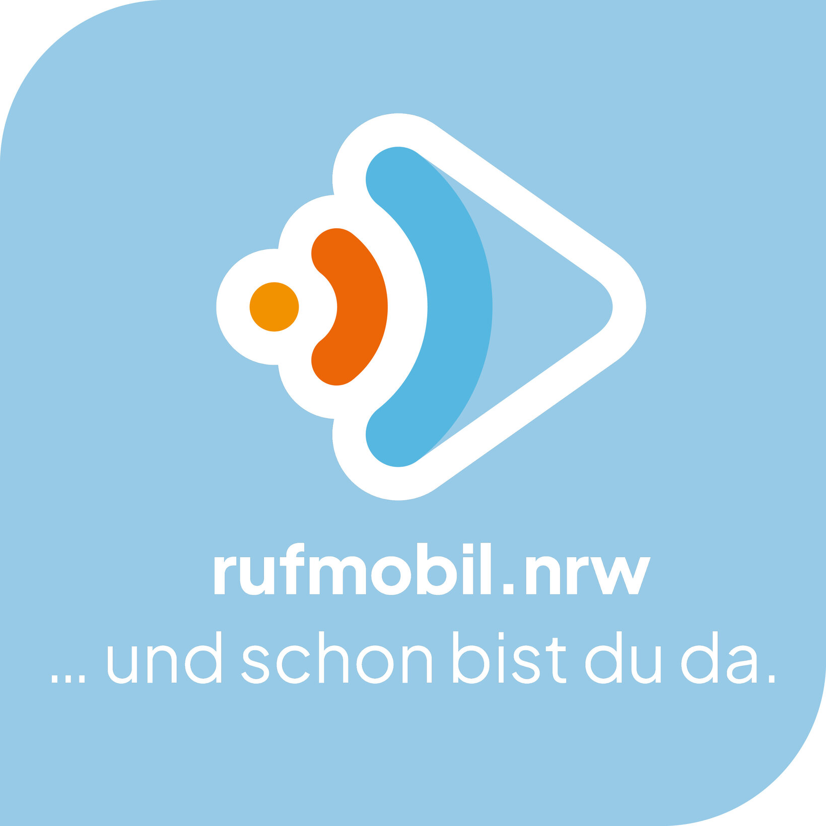 Logo von rufmobil.nrw mit stilisiertem Symbol in Blau und Orange sowie dem Schriftzug „rufmobil.nrw … und schon bist du da.“