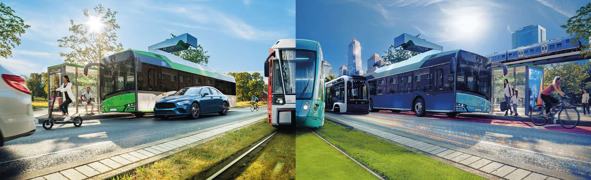 Collage verschiedener Verkehrsmittel des öffentlichen Nahverkehrs, darunter Busse und Bahnen.