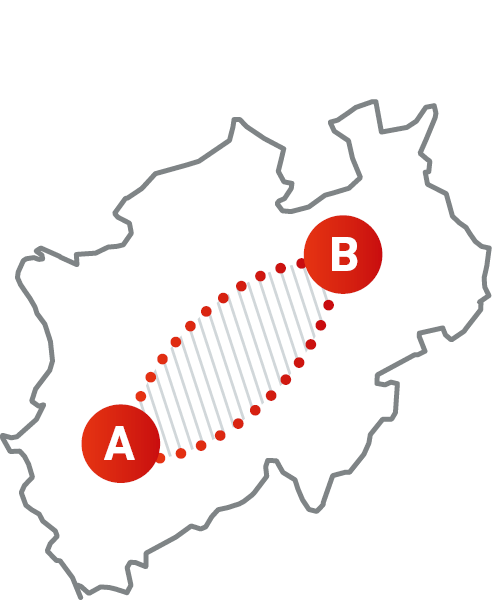 Karte von Nordrhein-Westfalen mit den Punkten A und B sowie einem markierten Geltungsbereich zwischen Start und Ziel. Die Darstellung veranschaulicht das Prinzip der RelationspreisTickets: Innerhalb des festgelegten Geltungsbereichs können unterschiedliche Reisewege und Verkehrsmittel genutzt werden.