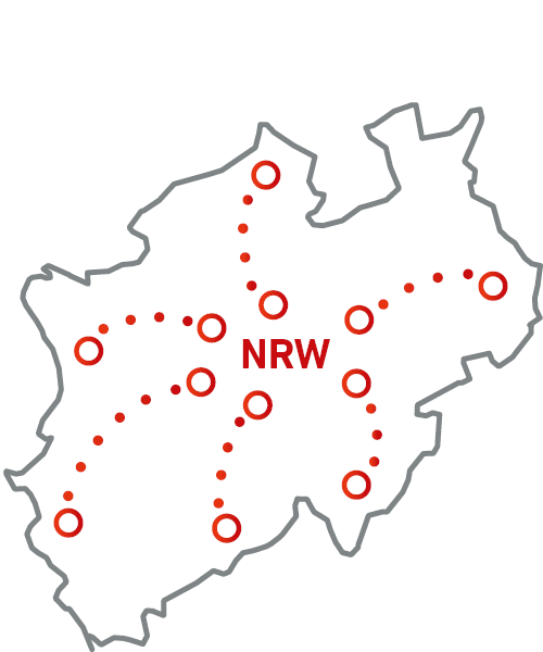 Karte von Nordrhein-Westfalen mit mehreren über das Bundesland verteilten und durch gepunktete Linien verbundenen Punkten. Die Darstellung veranschaulicht das Prinzip der Pauschalpreistickets: Sie gelten in ganz NRW zu einem einheitlichen Preis, unabhängig von der zurückgelegten Strecke.