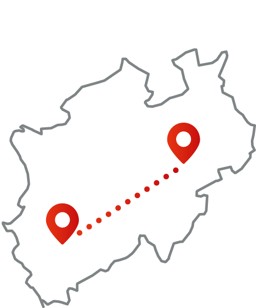 Karte von Nordrhein-Westfalen mit zwei Standortmarkierungen, die durch eine gepunktete Linie verbunden sind. Die Darstellung veranschaulicht die Berechnung des eezy.nrw-Tarifs anhand der Luftlinienentfernung zwischen Start- und Endpunkt.